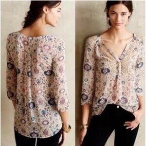 Maeve Floral Crochet Detail V Neck Blouse Top Multicolor Size 0 Boho Peasant